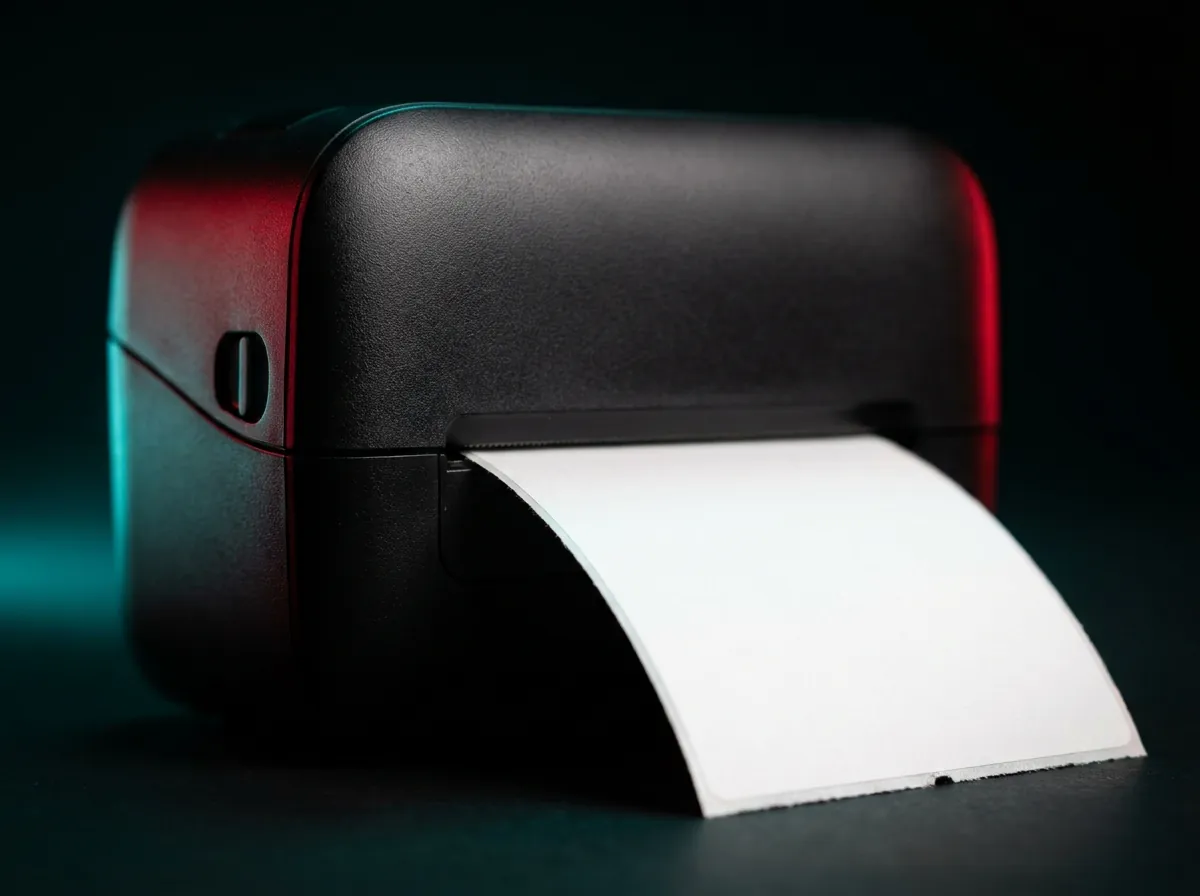 A thermal printer printing a blank shipping label
