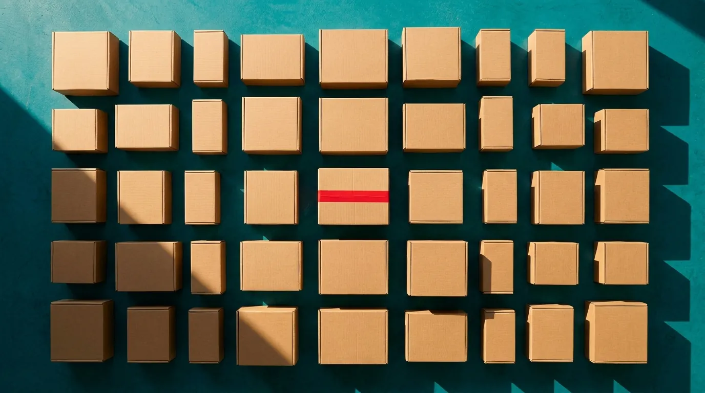 青绿色地面上一排排牛皮纸包裹，其中一个用红色胶带封口