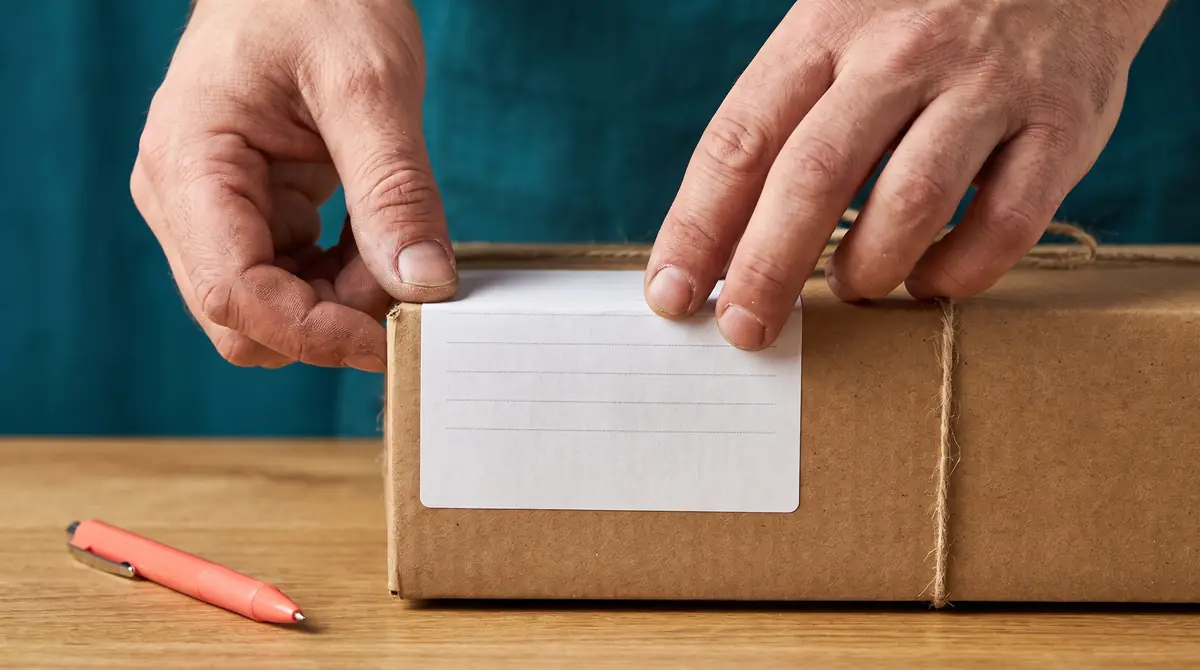 Deux mains appliquant une étiquette d’adresse vierge sur un colis en carton kraft