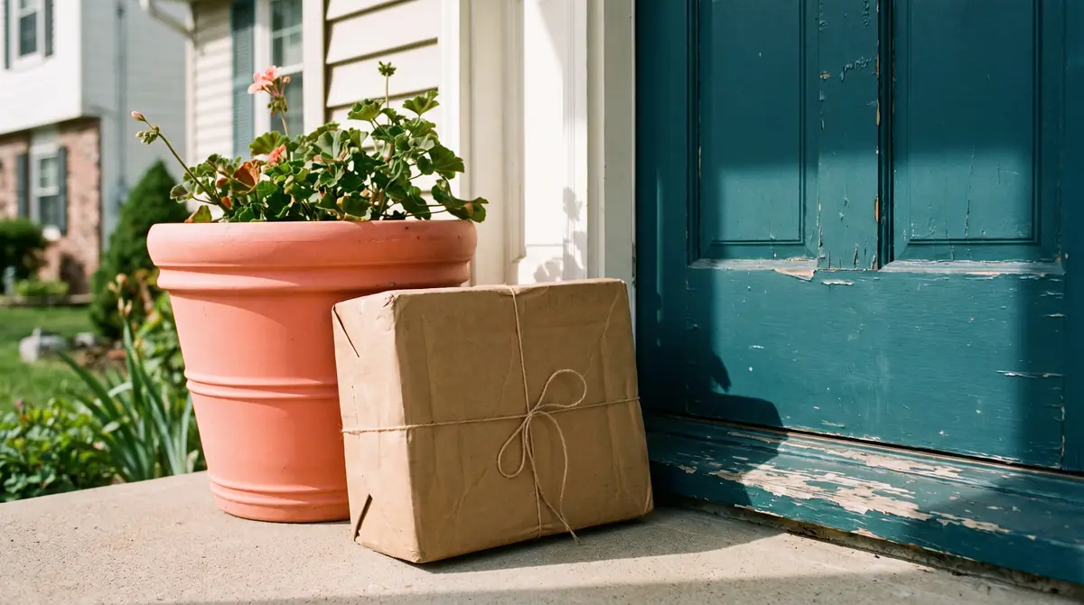 A kraft parcel delivered on a doorstep next to a teal front door and a coral flower pot