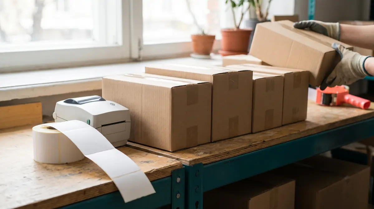 A packing station with a thermal label printer and a row of sealed parcels ready to ship